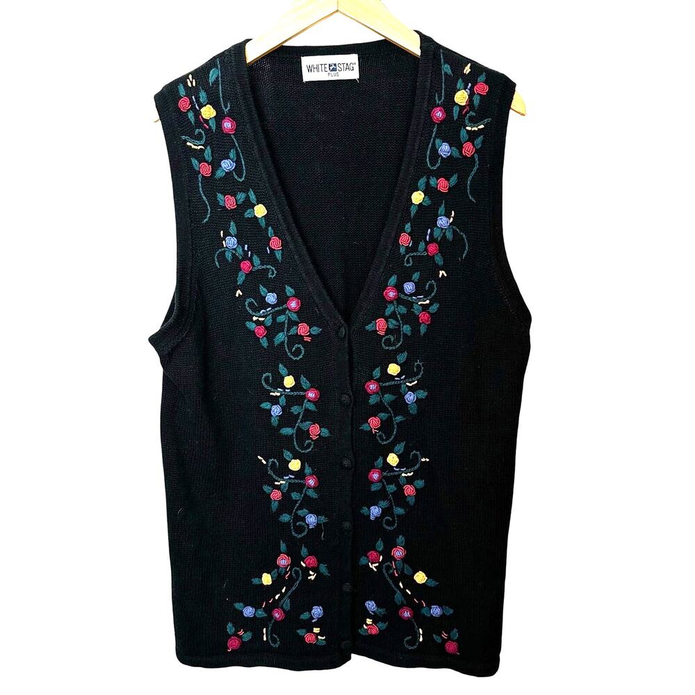 Vintage Floral Embroidered‎ Womens Vest Cardigan Sweater Cottage Fairy Garden
